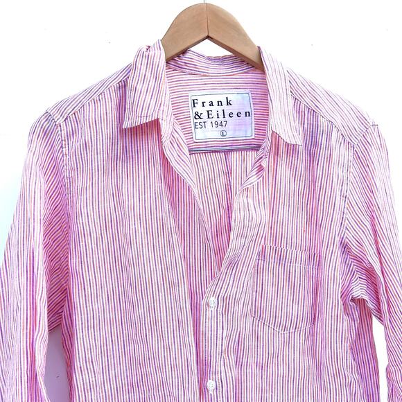 Frank & Eileen Barry Linen Striped Button Up Shirt Top Pink White Large Yellow - Picture 5 of 7